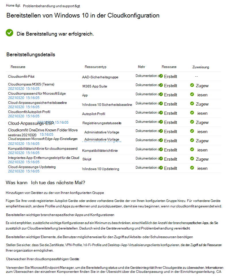 Screenshot: Überprüfen der status in Microsoft Intune Windows 10/11 in der Cloudkonfiguration geführten Szenariobereitstellung