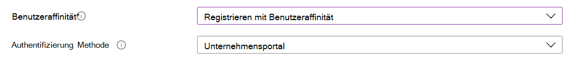 Registrieren Sie im Intune Admin Center und Microsoft Intune iOS-/iPadOS-Geräte mithilfe der automatisierten Geräteregistrierung (ADE). Wählen Sie Mit Benutzeraffinität registrieren aus, und verwenden Sie die Unternehmensportal-App für die Authentifizierung.