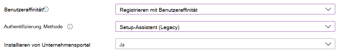 Registrieren Sie im Intune Admin Center und Microsoft Intune iOS-/iPadOS-Geräte mithilfe der automatisierten Geräteregistrierung (ADE). Wählen Sie Mit Benutzeraffinität registrieren aus, verwenden Sie den Setup-Assistenten für die Authentifizierung, und installieren Sie die Unternehmensportal-App.