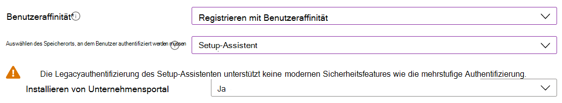 Registrieren Sie im Intune Admin Center und Microsoft Intune iOS-/iPadOS-Geräte mit Apple Configurator. Wählen Sie Mit Benutzeraffinität registrieren aus, verwenden Sie den Setup-Assistenten für die Authentifizierung, und installieren Sie die Unternehmensportal-App.