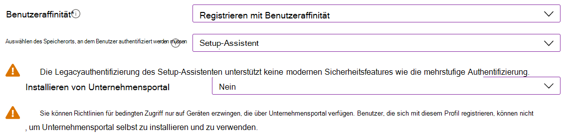 Registrieren Sie im Intune Admin Center und Microsoft Intune iOS-/iPadOS-Geräte mit Apple Configurator. Wählen Sie Mit Benutzeraffinität registrieren aus, verwenden Sie den Setup-Assistenten für die Authentifizierung, und installieren Sie die Unternehmensportal App nicht.