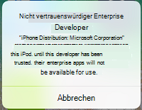 Screenshot der iOS-App-Nachricht zu einem nicht vertrauenswürdigen Unternehmensentwickler.