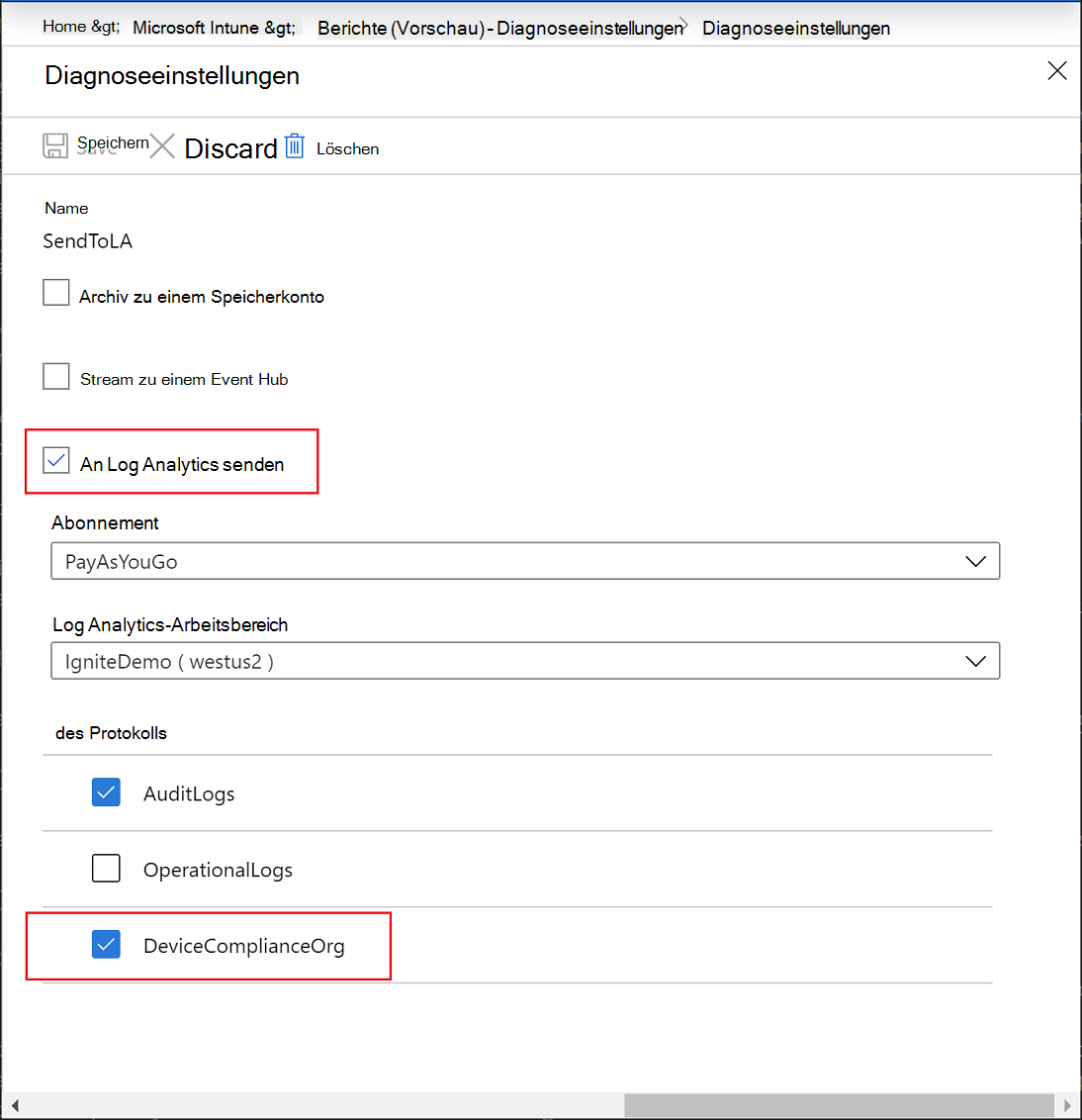 Intune-Berichte: Diagnoseeinstellungen