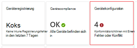 Wählen Sie im Dashboard Richtlinien mit Fehler oder Konflikt aus, um Fehler oder Konflikte mit Gerätekonfigurationsprofilen in Microsoft Intune und Intune Admin Center anzuzeigen.