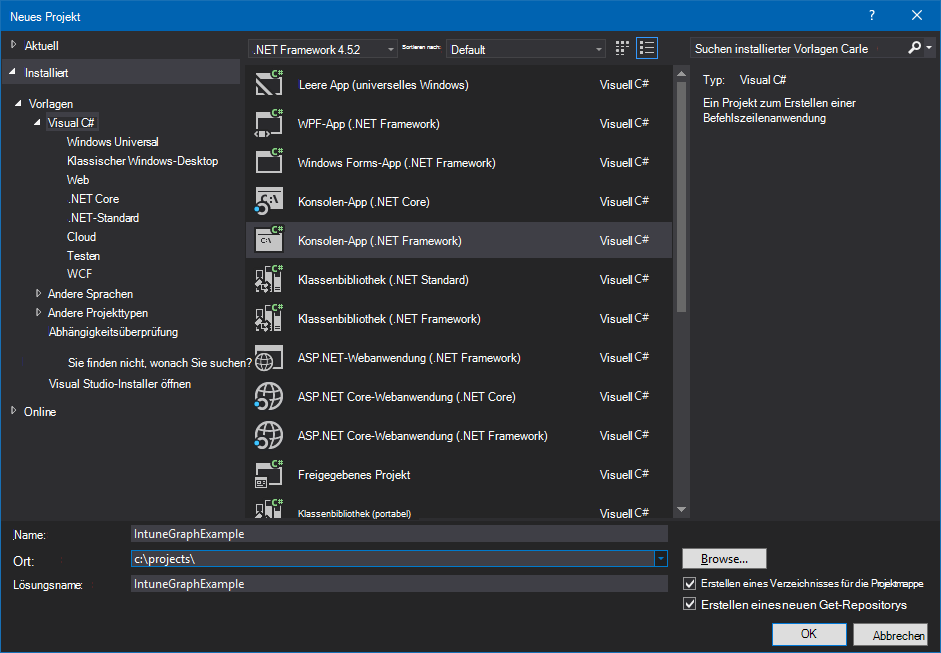 Erstellen eines C#-Konsolen-App-Projekts in Visual Studio