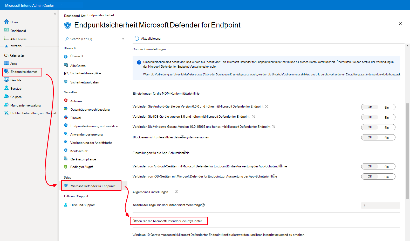 Screenshot mit dem Patch zum Öffnen von Microsoft Defender Security Center.