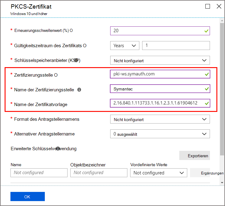 Auswahlmöglichkeiten für Zertifizierungsstelle und Zertifikatvorlage