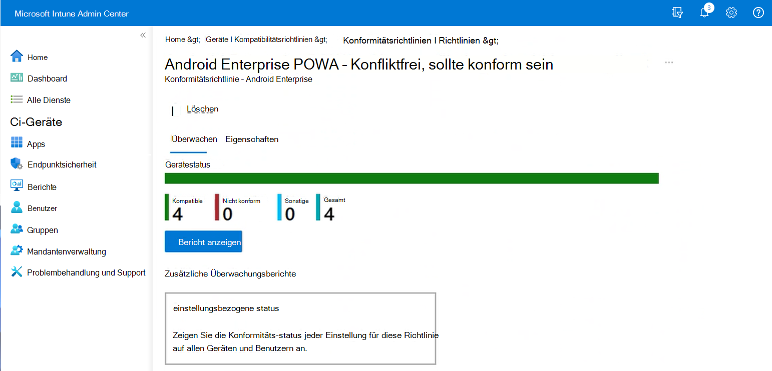 Ansicht des Intune Admin Centers nach dem Auswählen einer Konformitätsrichtlinie.