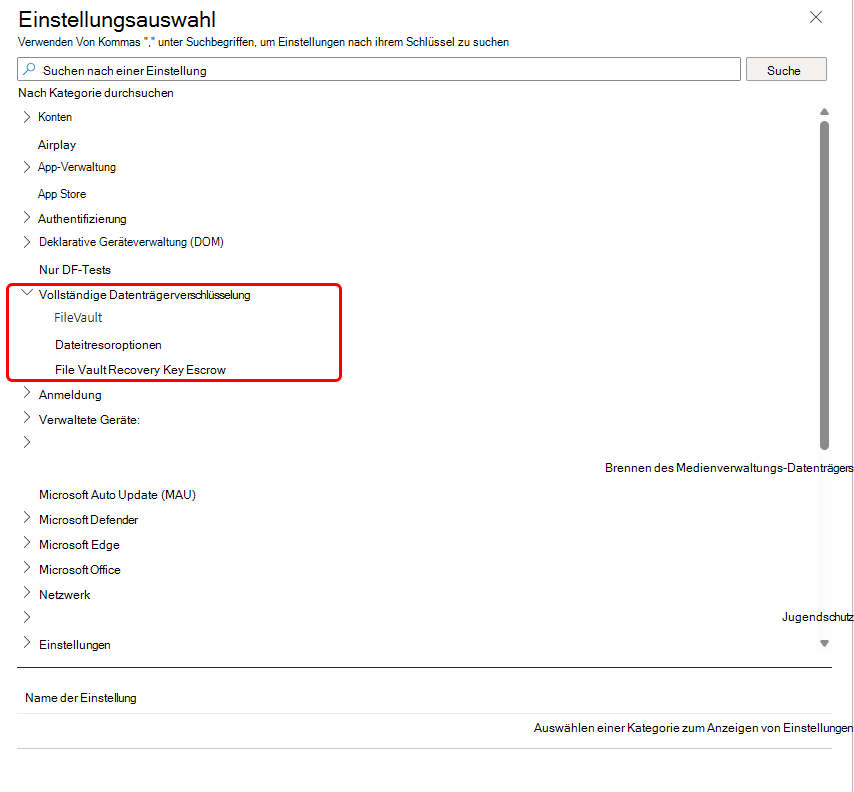 Abbildung der FileVault-Optionen in der Kategorie Vollständige Datenträgerverschlüsselung der Einstellungsauswahl.