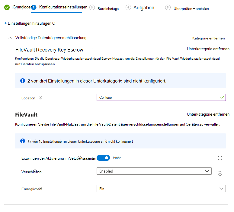 Screenshot der Einstellungen, die zum Aktivieren des Dateitresors im Setup-Assistenten erforderlich sind.