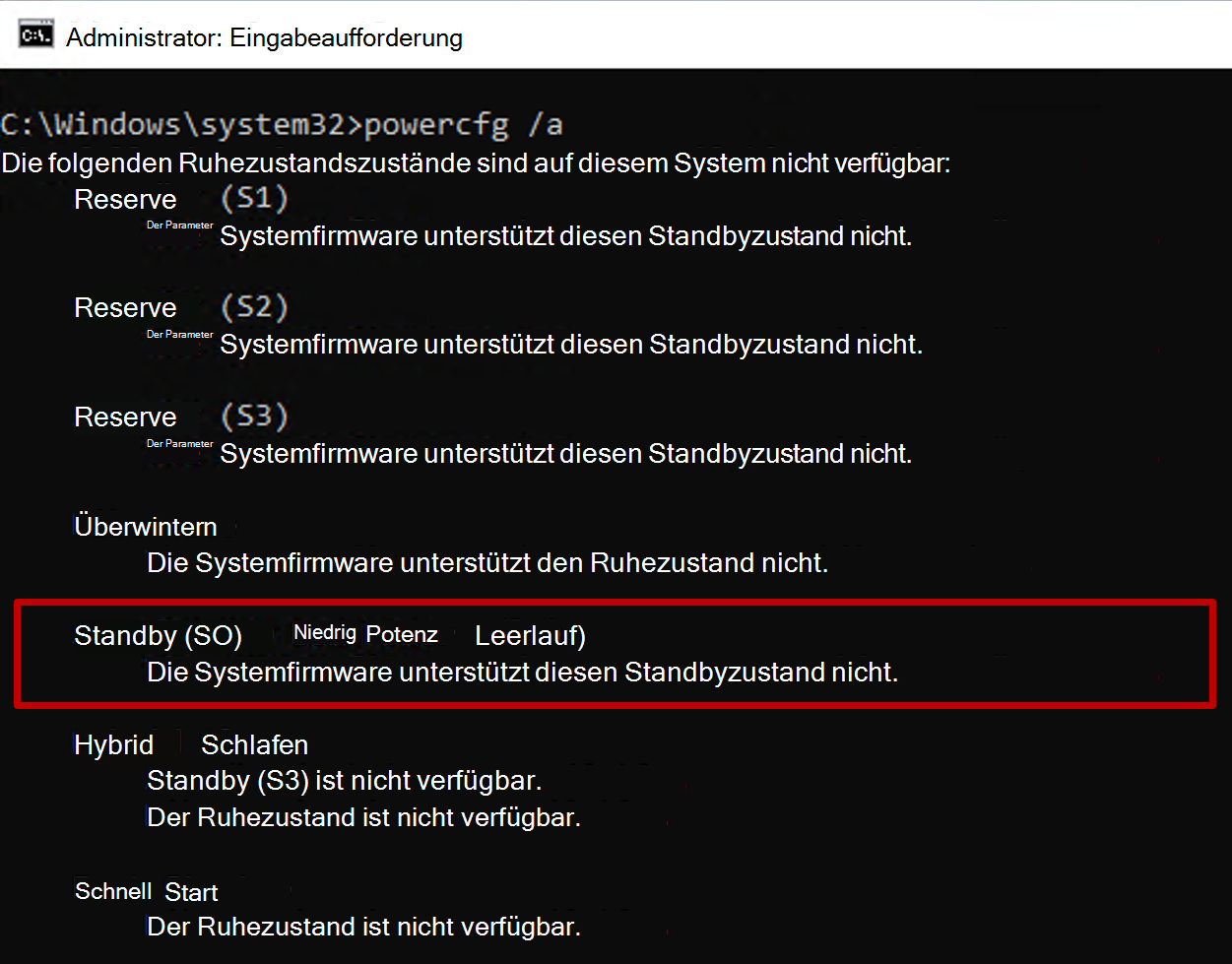 Screenshot der Eingabeaufforderung mit der Ausgabe des powercfg-Befehls mit dem Standbyzustand S0 nicht verfügbar.