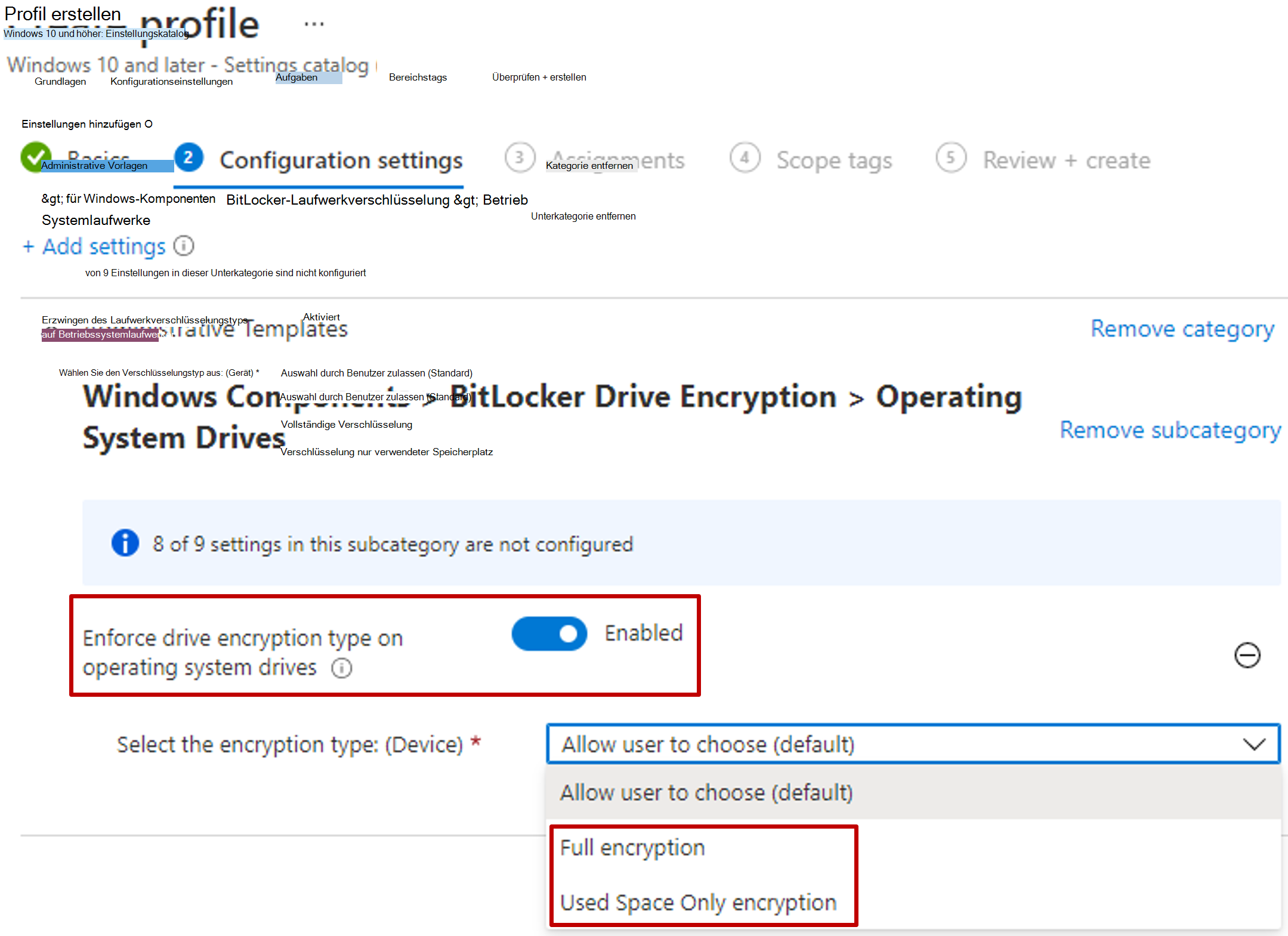 Screenshot: Intune Einstellungskatalog mit dem Laufwerkverschlüsselungstyp auf Betriebssystemlaufwerken erzwingen