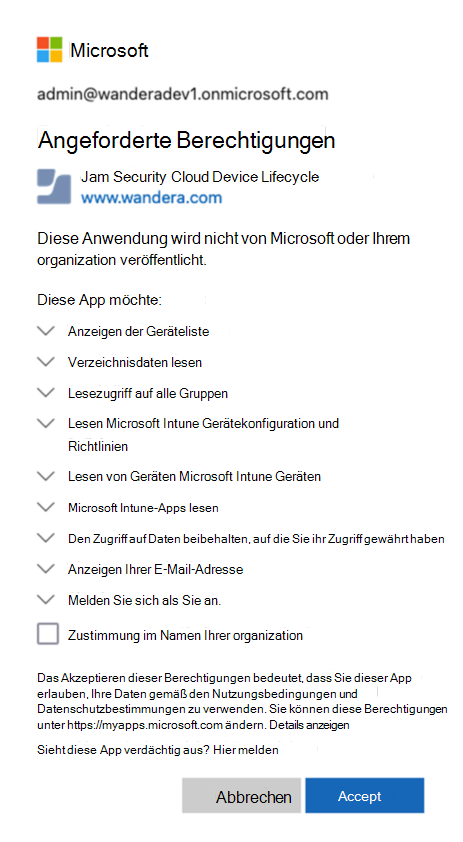 Screenshot der Berechtigungen, die Sie akzeptieren.