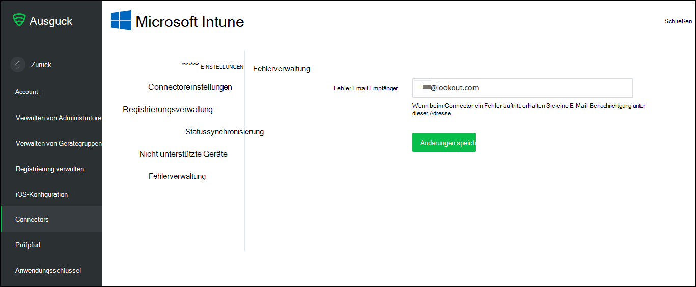 Screenshot der Seite „Intune-Connector-Fehlerverwaltung“