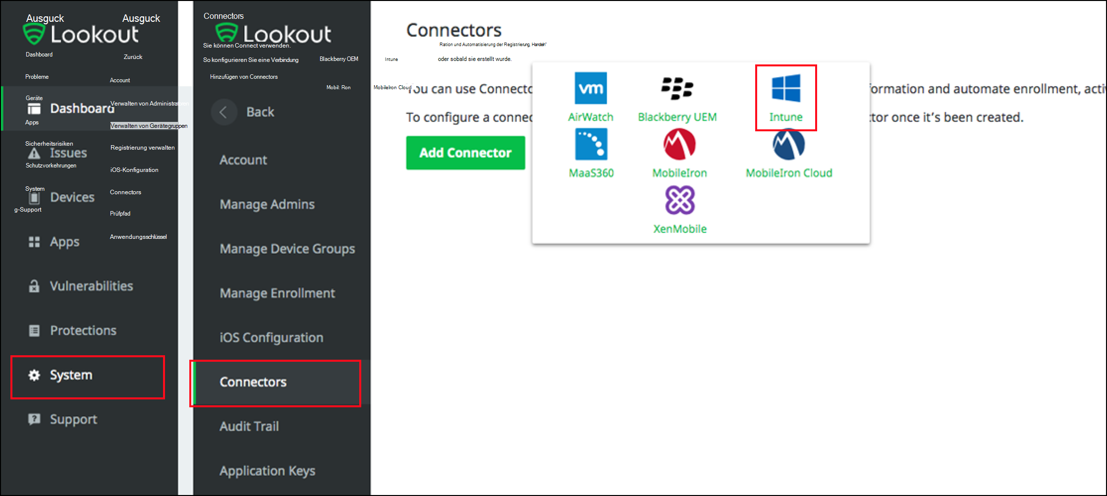 Abbildung der Lookout-Konsole mit der Intune-Option auf der Registerkarte „Connectors“