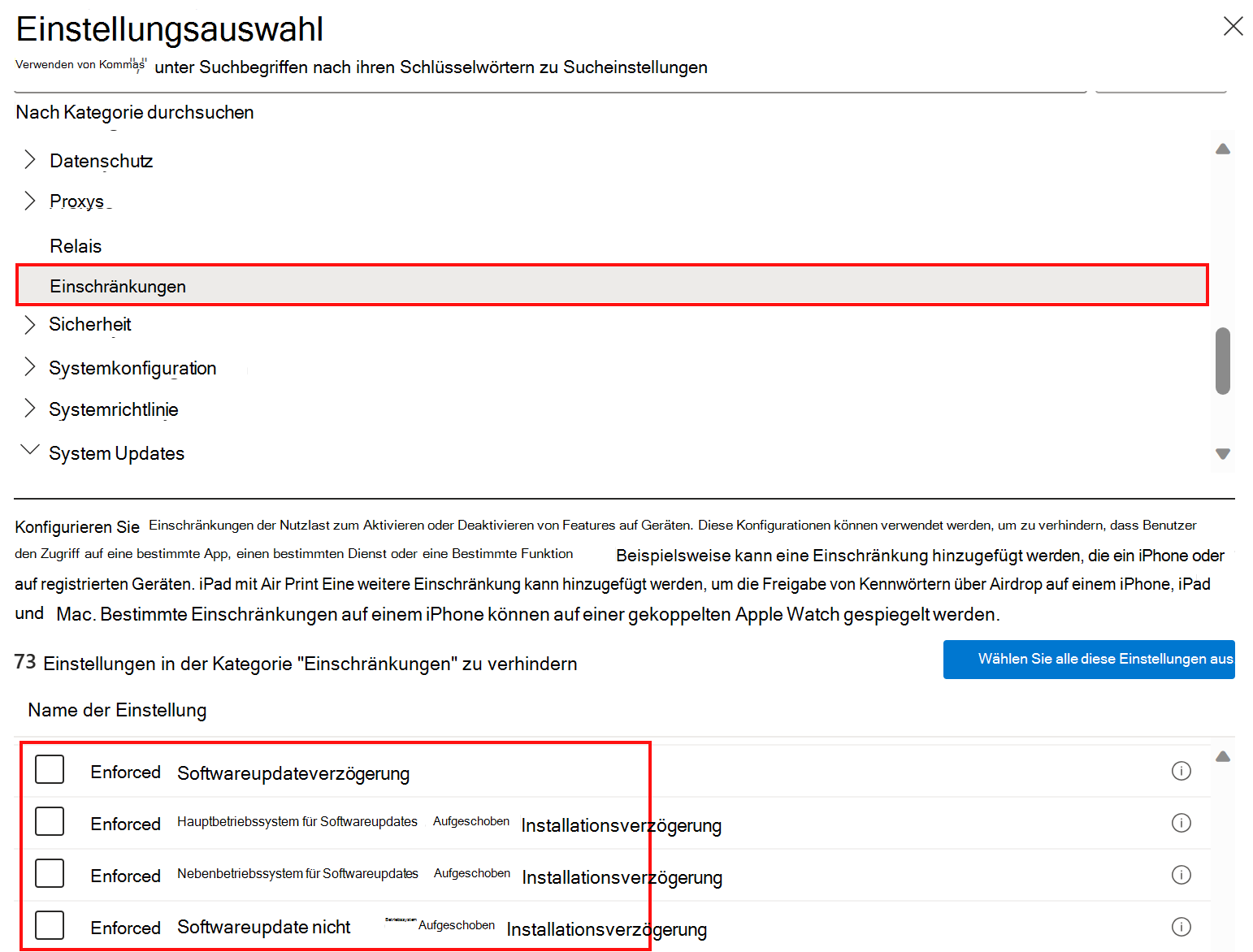 Screenshot: Richtlinieneinstellungen für Katalogeinschränkungen zum Verzögern oder Zurückstellen von Softwareupdates in Microsoft Intune