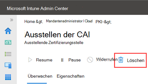 Beispielscreenshot mit hervorgehobener Löschaktion für eine ausstellende Zertifizierungsstelle.