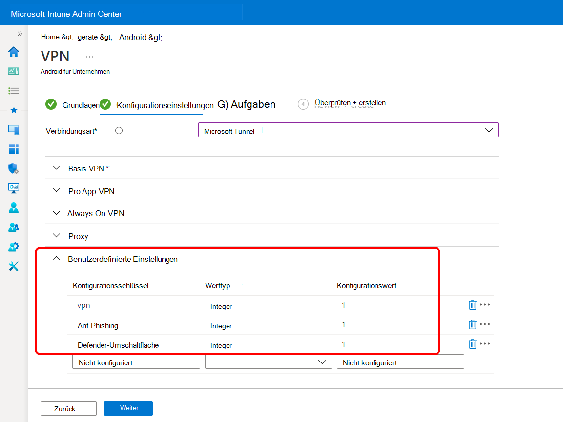 Konfigurieren benutzerdefinierter Einstellungen im VPN-Profil für Microsoft Defender für Endpunkt