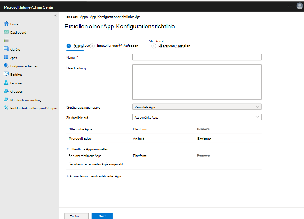 Screenshot: Konfigurieren einer App-Konfigurationsrichtlinie mit Microsoft Edge als öffentliche App