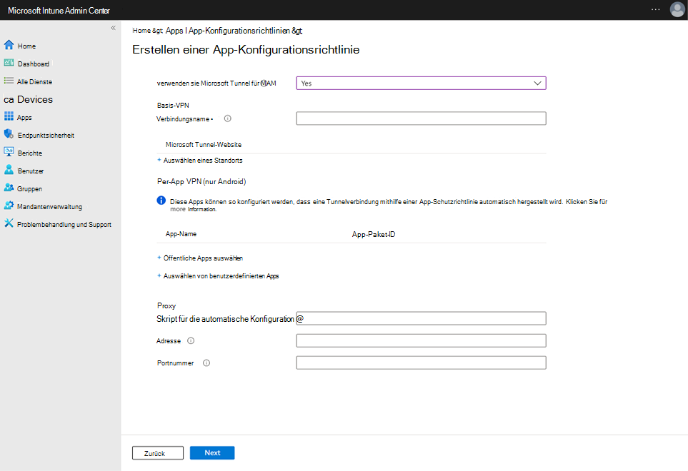Screenshot der Einstellungskonfiguration der App-Konfigurationsrichtlinien.