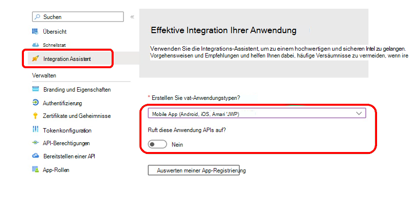 Verwenden Sie die Integrations-Assistent für die App-Registrierung, um die Einstellungen zu überprüfen.