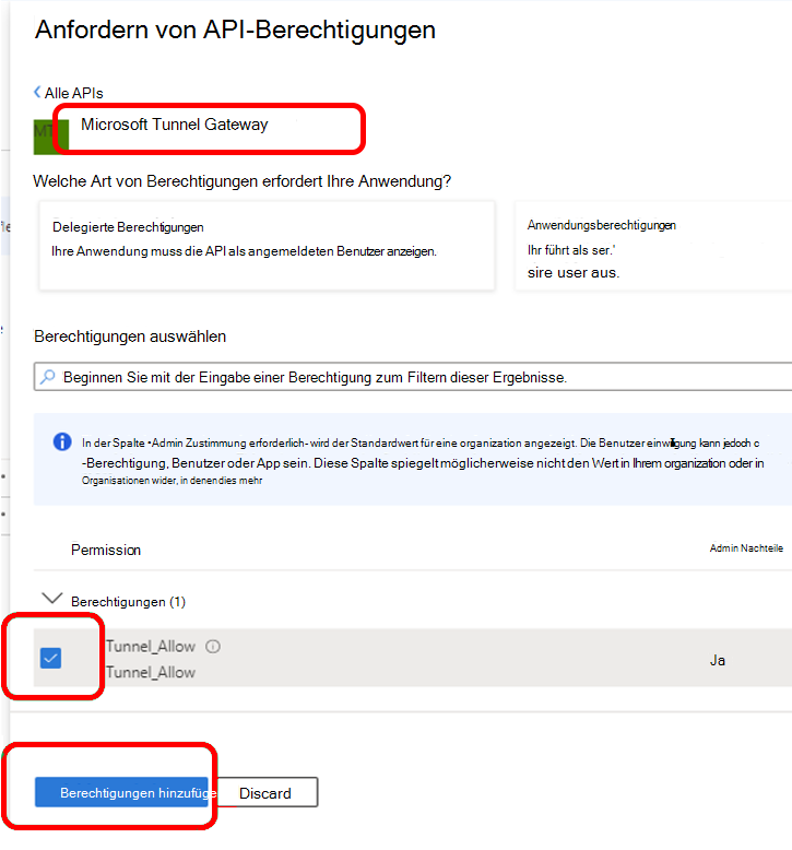 Konfigurieren Sie API-Berechtigungen für Microsoft Tunnel Gateway.