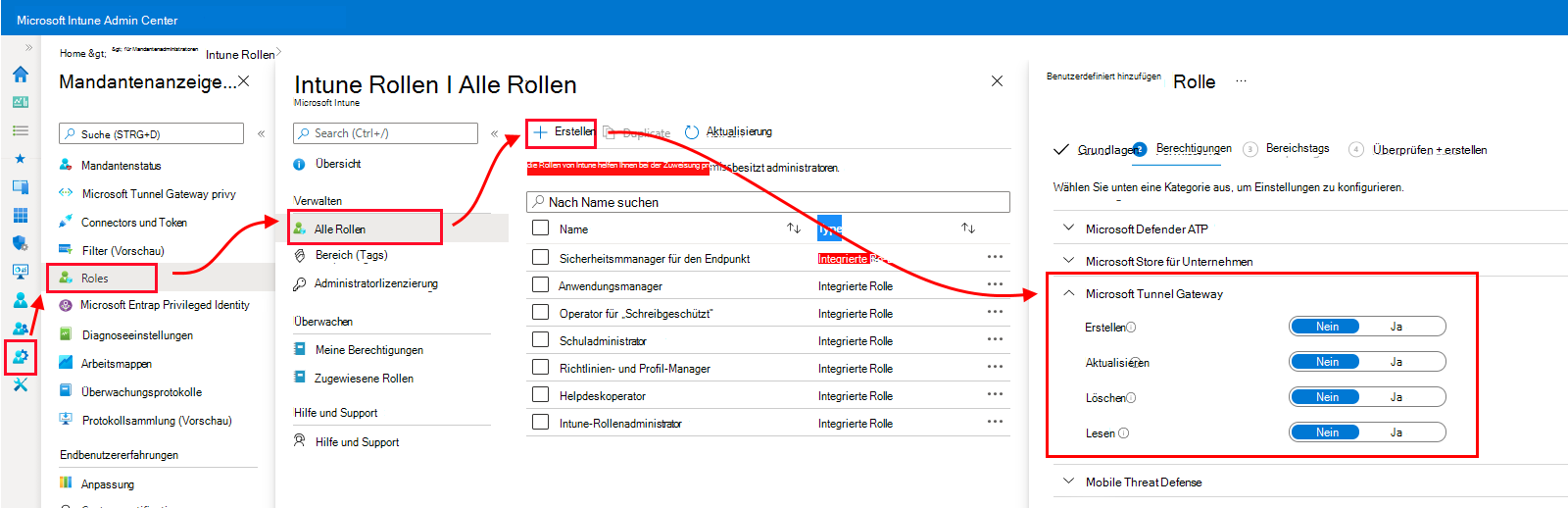 Screenshot der Tunnelgatewayberechtigungen im Microsoft Intune Admin Center.