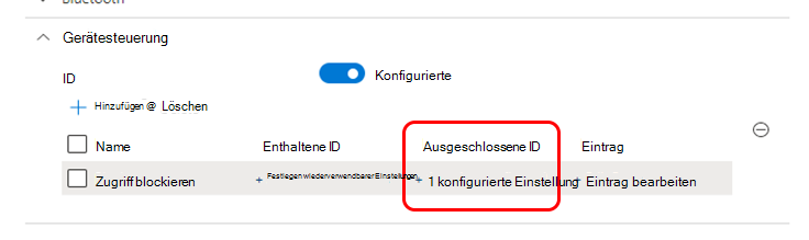 Screenshot: Ergebnis der Auswahl einer Gruppe für nur eine ausgeschlossene ID