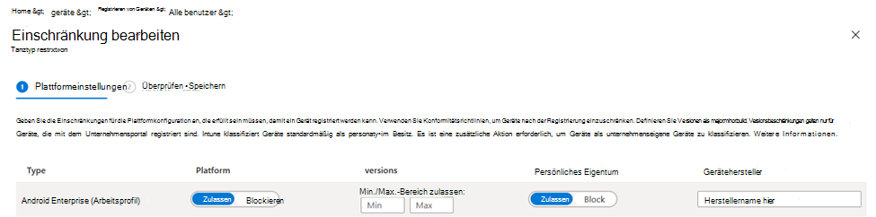 Screenshot: Richtlinie für Registrierungseinschränkungen für Android-Geräte im Microsoft Intune Admin Center