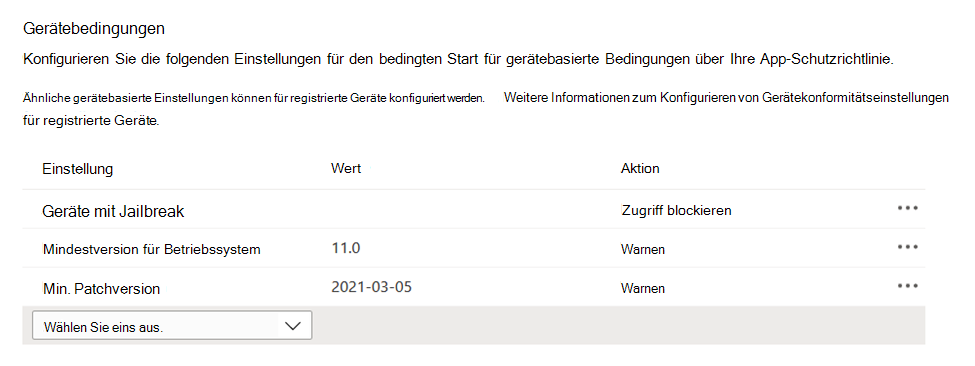 Screenshot: Gerätebasierte Bedingungen in einer App-Schutzrichtlinie im Microsoft Intune Admin Center