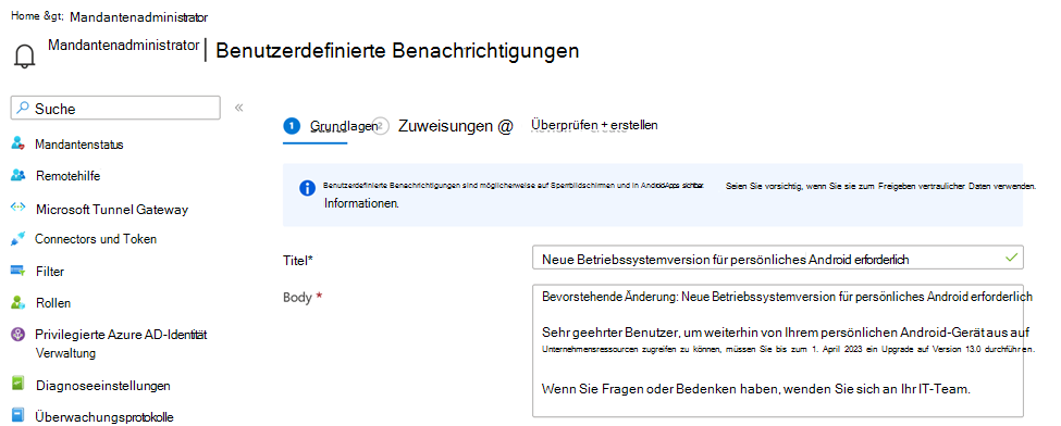 Screenshot: Benutzerdefinierte Benachrichtigung im Microsoft Intune Admin Center