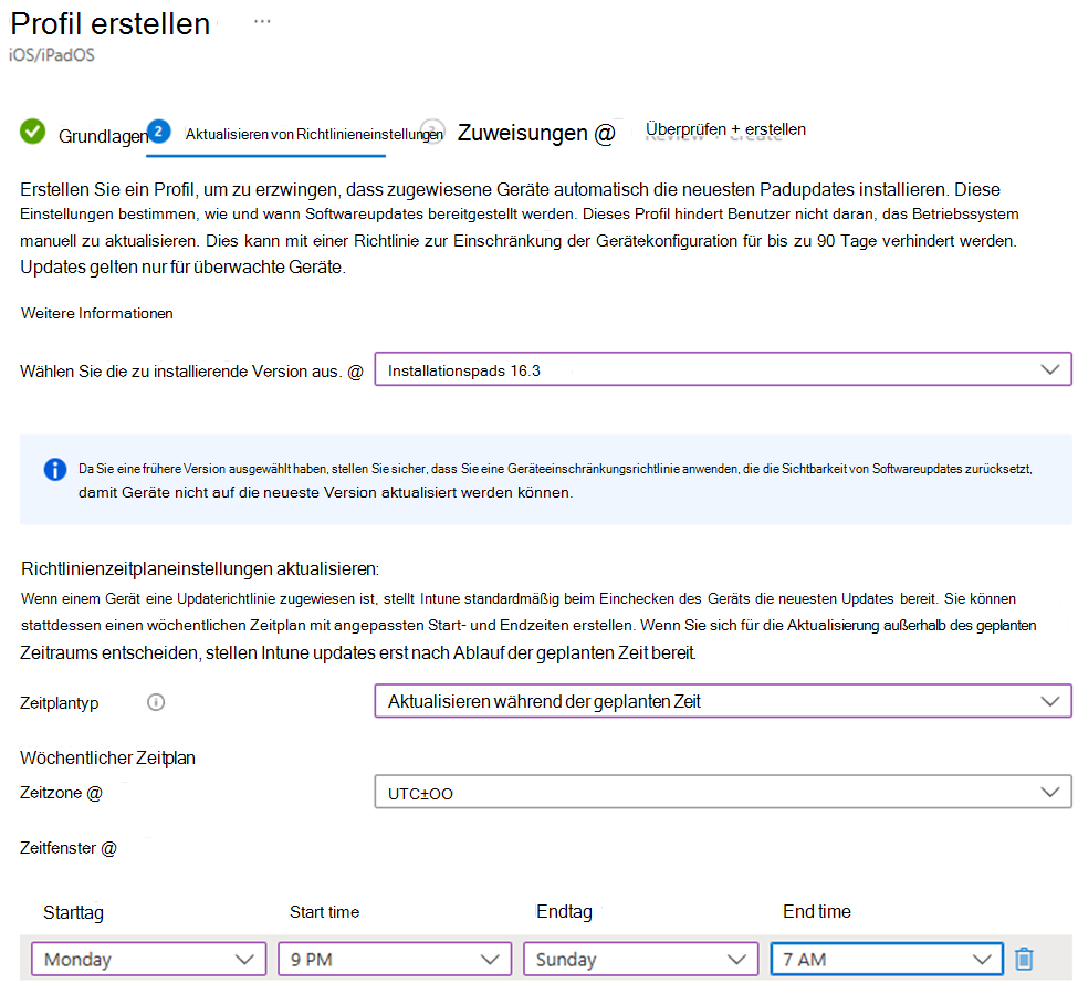 Screenshot: Spezifische Version zum Installieren und Installieren der Updates am Montagabend für iOS-/iPadOS-Geräte im Microsoft Intune Admin Center