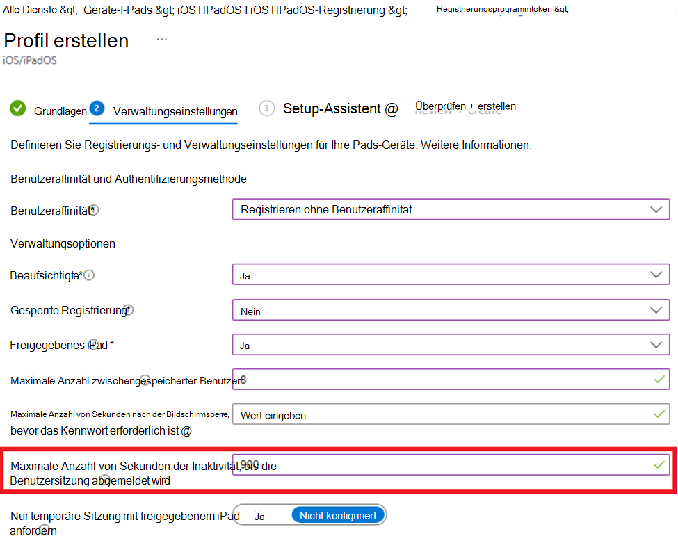 Screenshot: Registrieren ohne Benutzeraffinität und Festlegen des Inaktivitätswerts für iOS-/iPadOS-Geräte im Microsoft Intune Admin Center