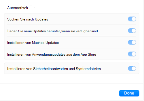 Die Softwareupdateeinstellungen sind abgeblendet, nachdem die Updaterichtlinie Intune Einstellungskatalogs auf ein macOS Apple-Gerät angewendet wird.