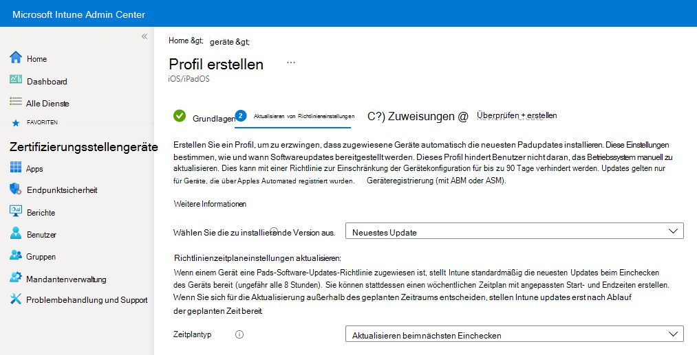 Screenshot: Beispieleinstellungen für Softwareupdaterichtlinien in Microsoft Intune