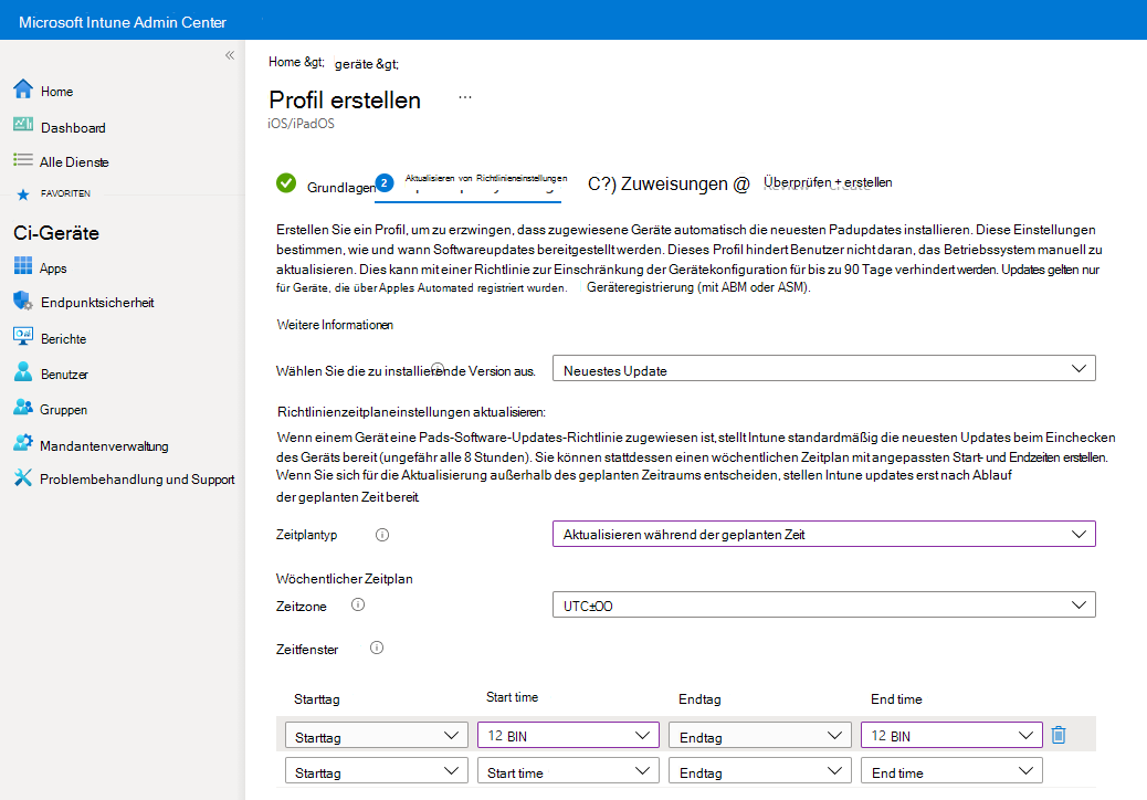 Screenshot: Auswählen der Installation eines Updates zur geplanten Zeit in einer Updaterichtlinie in Microsoft Intune