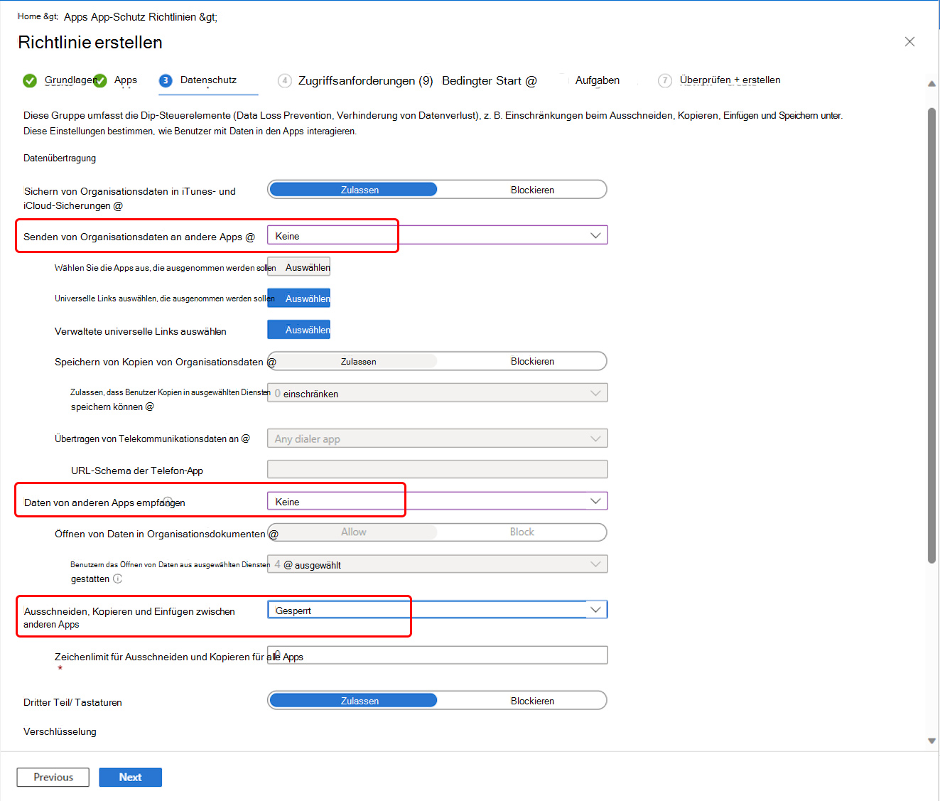 Wählen Sie die Einstellungen für die Datenverschiebung im Rahmen der Outlook-App-Schutzrichtlinie aus.