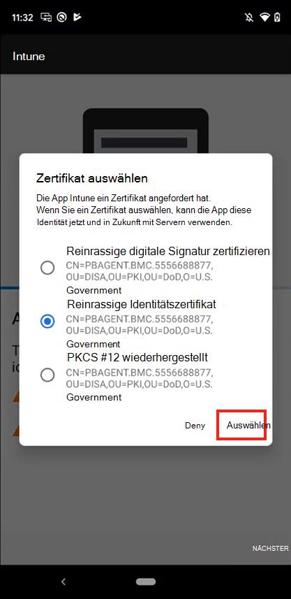 Screenshot der Aufforderung zum Auswählen des Zertifikats