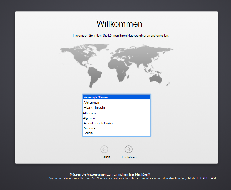 Screenshot: Willkommensbildschirm des MacOS-Geräte-Setup-Assistenten mit einer Liste der Sprachen, aus denen Sie auswählen können.