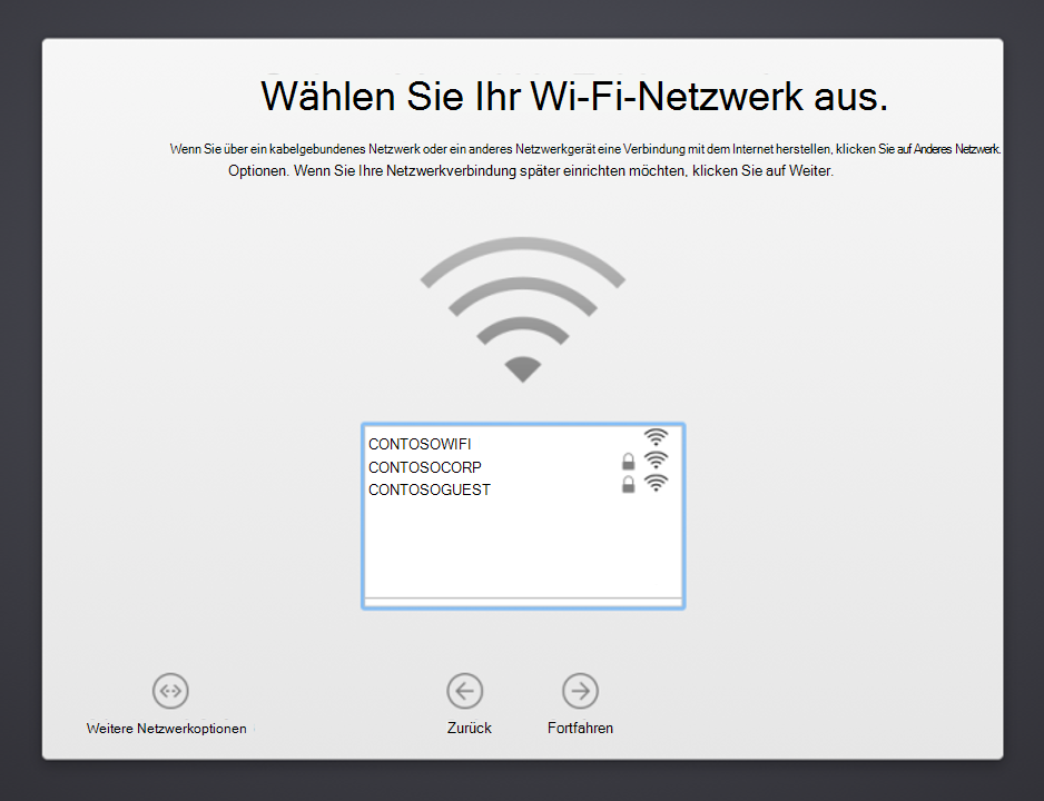 Screenshot des Setup-Assistenten für macOS-Geräte: Auswählen ihres Wi-Fi Netzwerks mit einer Liste der verfügbaren Netzwerke, aus denen Sie auswählen können. Zeigt außerdem die Schaltfläche Andere Netzwerkoptionen, die Schaltfläche 