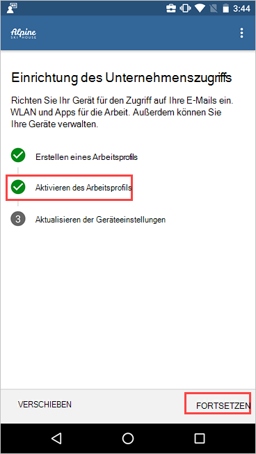 Screenshot der Einrichtung des Unternehmenszugriffs, die zeigt, dass das Arbeitsprofil aktiv ist.