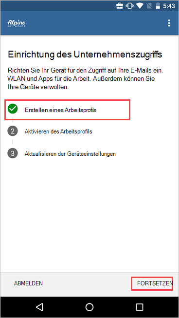 Screenshot des Unternehmenszugriffs-Setups, das zeigt, dass das Arbeitsprofil erstellt wurde.