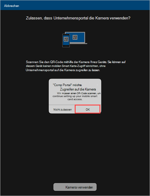 Beispielscreenshot einer Unternehmensportal Eingabeaufforderung, in der die Berechtigung zum Zulassen des Kamerazugriffs gefragt wird.