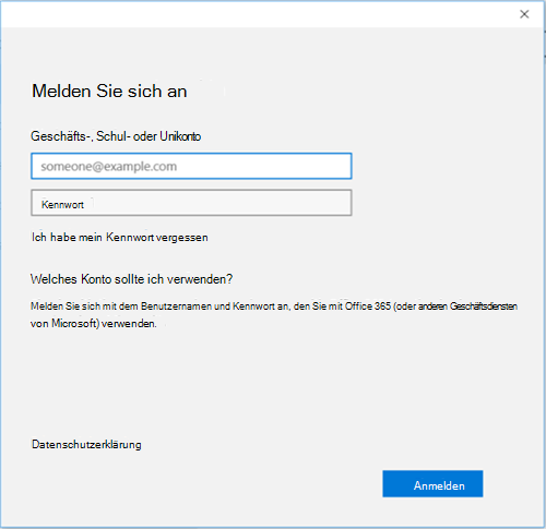 Screenshot: Office 365 Anmeldebildschirm für ein Geschäfts-, Schul- oder Unikonto.