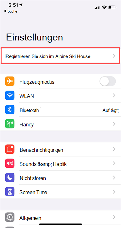 Beispielscreenshot der App „Einstellungen“ mit der Option „Bei Organisation registrieren“