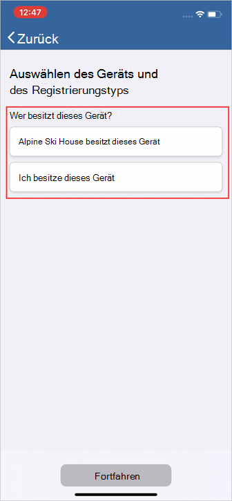 Beispielscreenshot des Unternehmensportals mit der Anzeige „Gerät und Registrierungstyp auswählen“ und den Optionen für den Gerätetyp