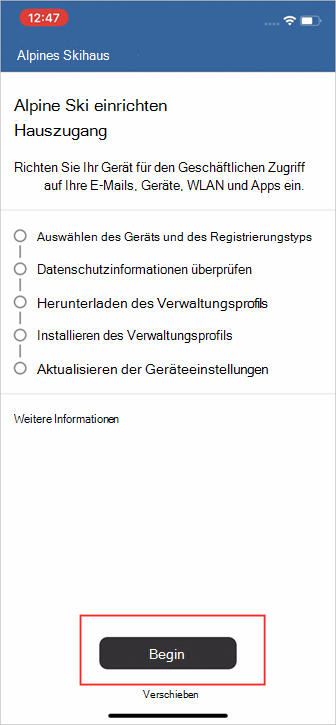 Beispielscreenshot des Bildschirms „Zugriff einrichten“ im Unternehmensportal.