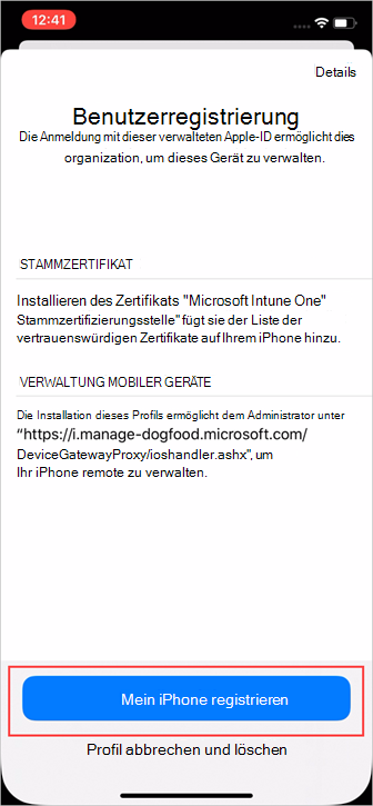 Beispielscreenshot der App „Einstellungen“ mit der Anzeige „Benutzerregistrierung“ und hervorgehobener Schaltfläche „Registrieren“