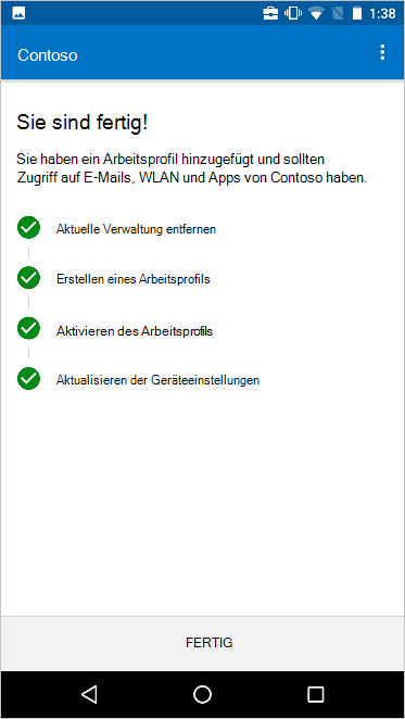 Der Bildschirm Zum Einrichten der neuen Geräteverwaltung wechseln zeigt an, dass alle Schritte abgeschlossen wurden.