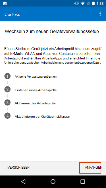 Der Bildschirm Zum Einrichten der neuen Geräteverwaltung wechseln mit hervorgehobener Schaltfläche 